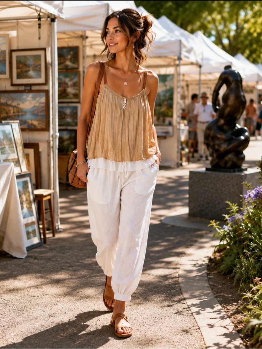 ✨ Paper Tee Layered Boho Crinkle Cami Top Faux Leather Straps Tan White L